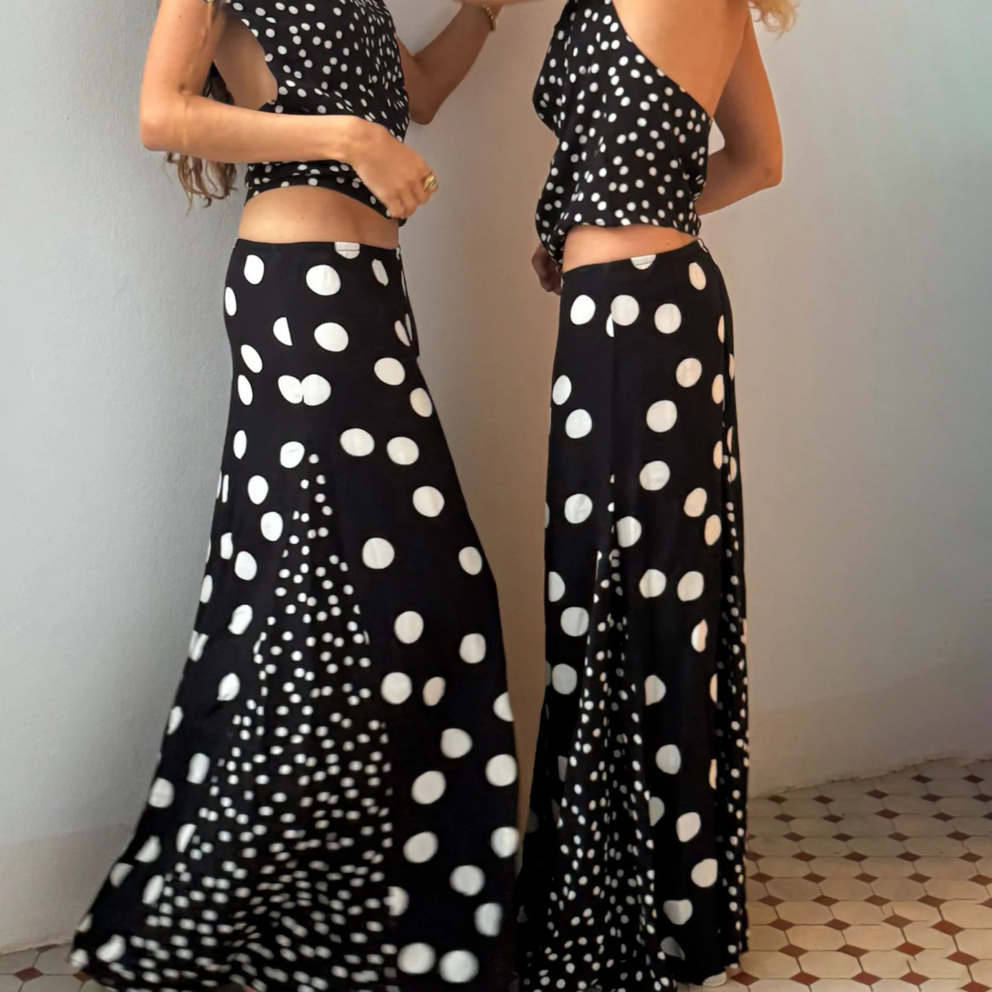 Retro Spot Print Paneled Swing Maxi Dress