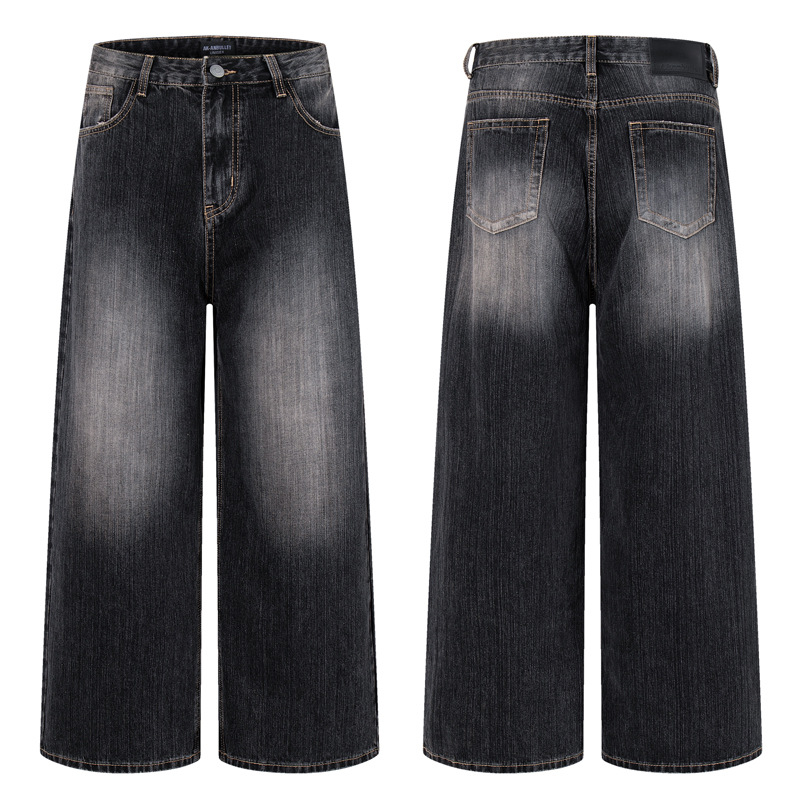 Vintage Washed Gradient Denim Pants Men's Design Street Style Couple Loose Versatile Straight Leg Casual Wide Leg Pants
