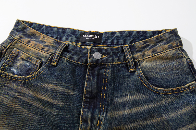 Vintage Washed Ripped Street Style Dagger Cut Denim Pants, Unisex Loose Clean Fit Wide Leg Floor-Length Trousers