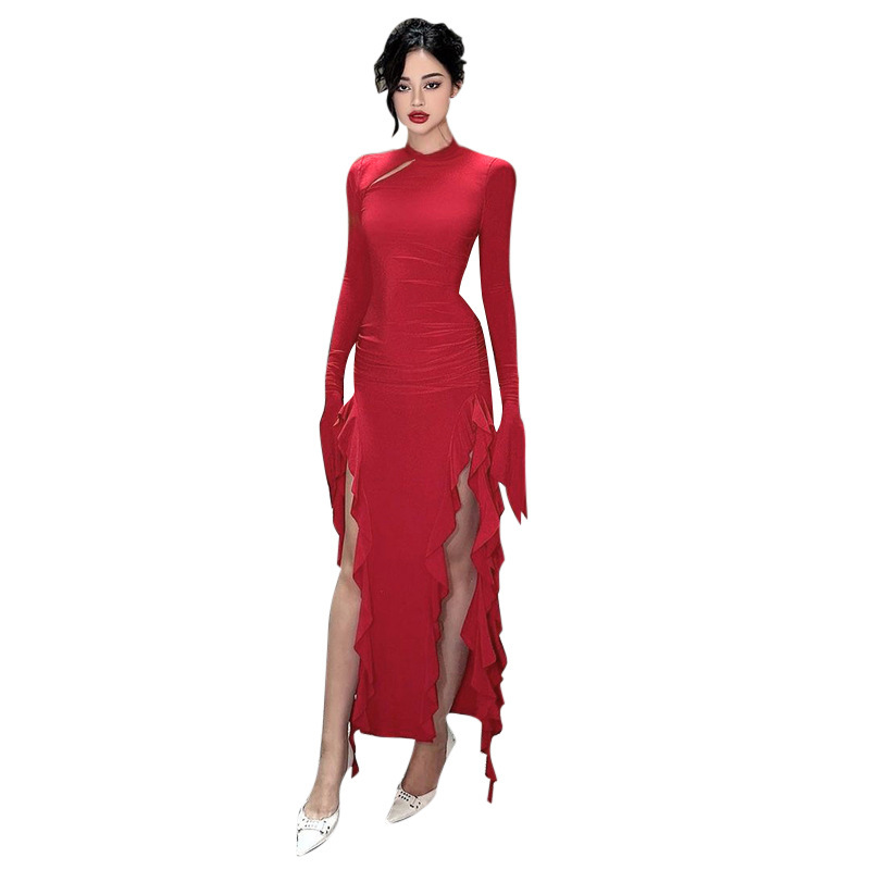 Round Neck Full Sleeve Polyester Cutout Dress