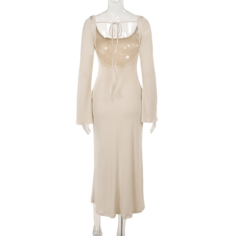 U-Neck High Waist Bodycon Bell Sleeve Maxi Dress