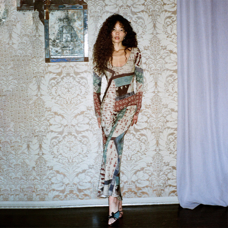 Stretch Vintage Fall Patterned Plunge Long Sleeve Dress