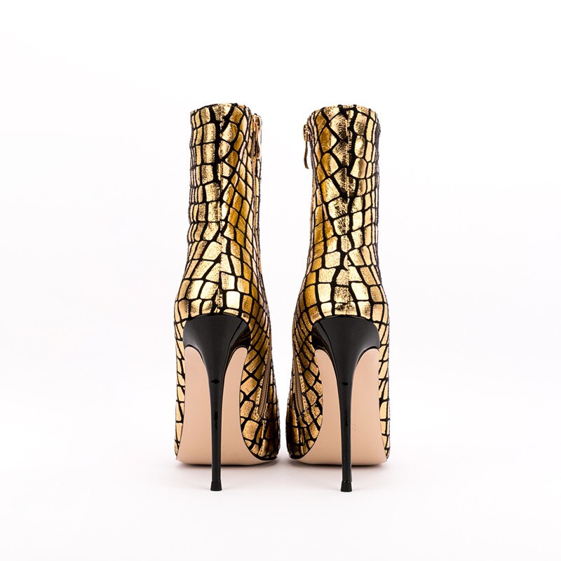 Pointed Toe Super High Heel Ankle Boots Ladies Party Shoes Side Zipper Shiny Stone Pattern Gold Sexy Winter Autumn Fashion Shoes