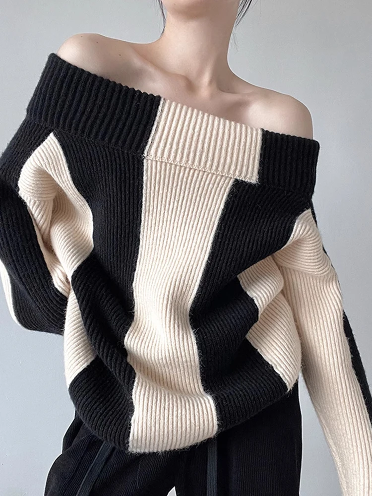 Ladies Oversized Two-Tone Asymmetric Acrylic Sweater