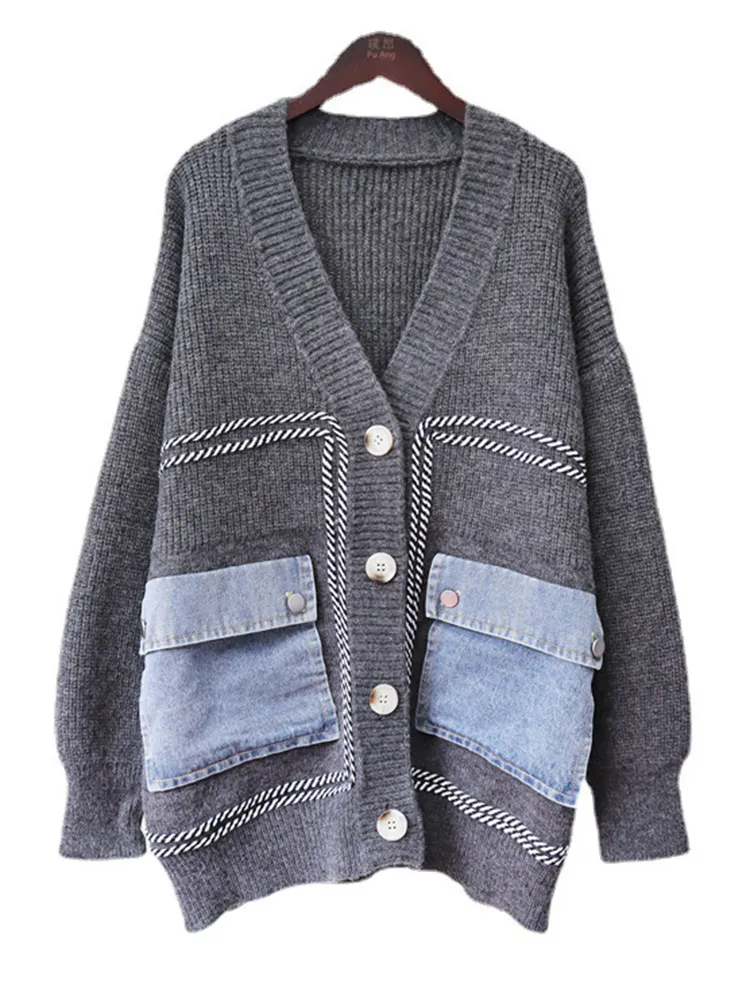 Retro Vee Collar Jean Pieced Knit Full-Sleeved Cardigan