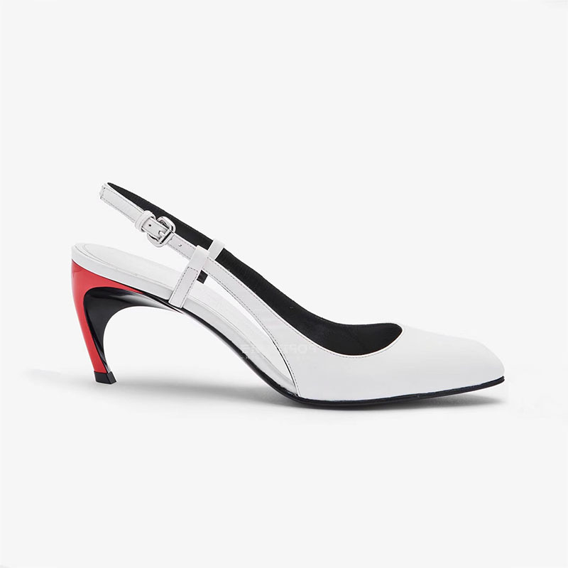 Round head, shallow mouth, slim heel, belt buckle, white sandals style color blocking irregular high heels