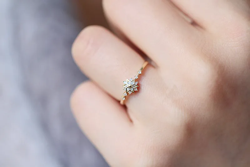 925 Sterling Silver Snowflake Ring 14k Gold Plating Simple Gold Silver color Women Engagement Wedding Ring Gift