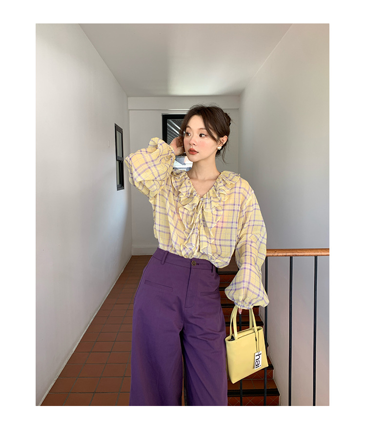 Breezy V-Neck Long Sleeve Loose Fit Checked Blouse