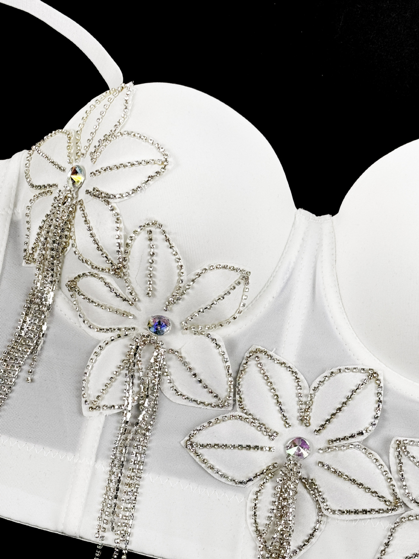 Floral Rhinestone Chain Tassel Boned Bustier Heavy Embroidery Fitted Strapless Camisole Outerwear Sexy Boned Top