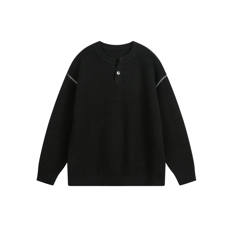 Block Hand Stitching Henley Collar Design Loose Knitwear
