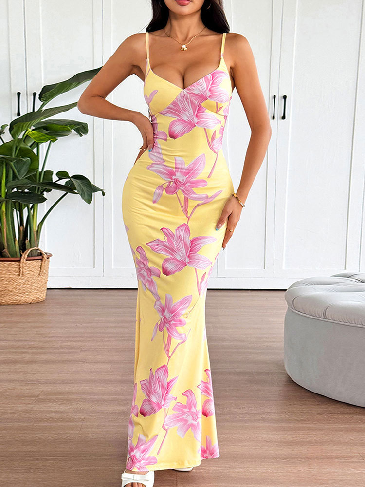 Open Back Plunge Slim Midi Dress