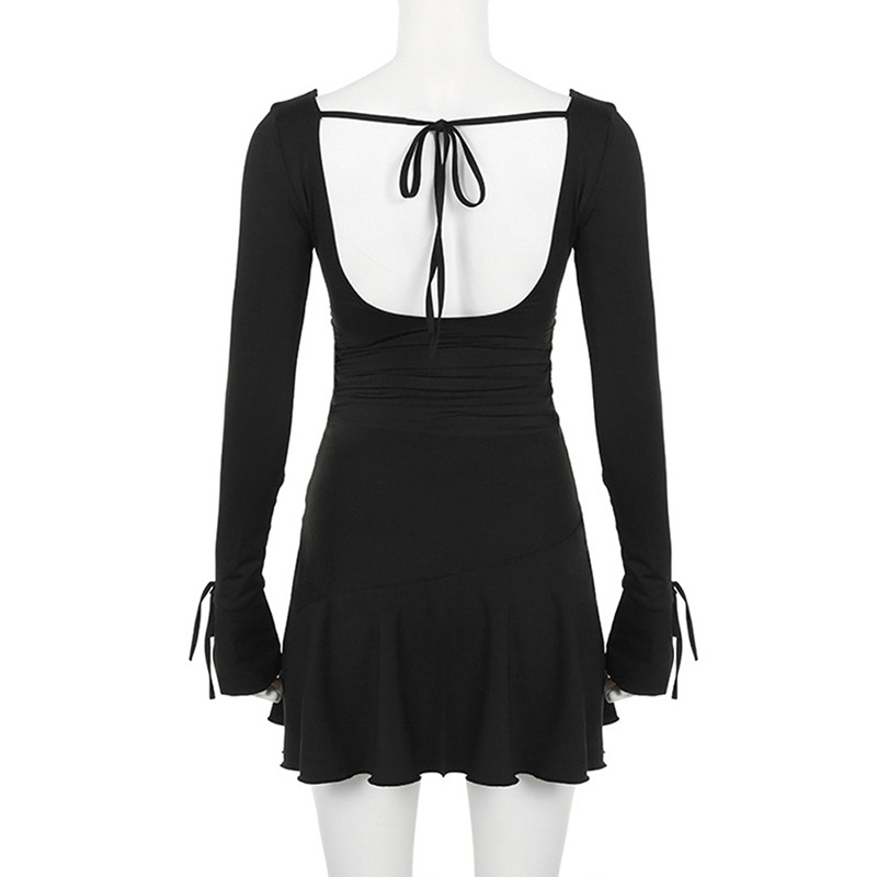 Deep Plunge Frill Full Arm Fitted Ladies Dress