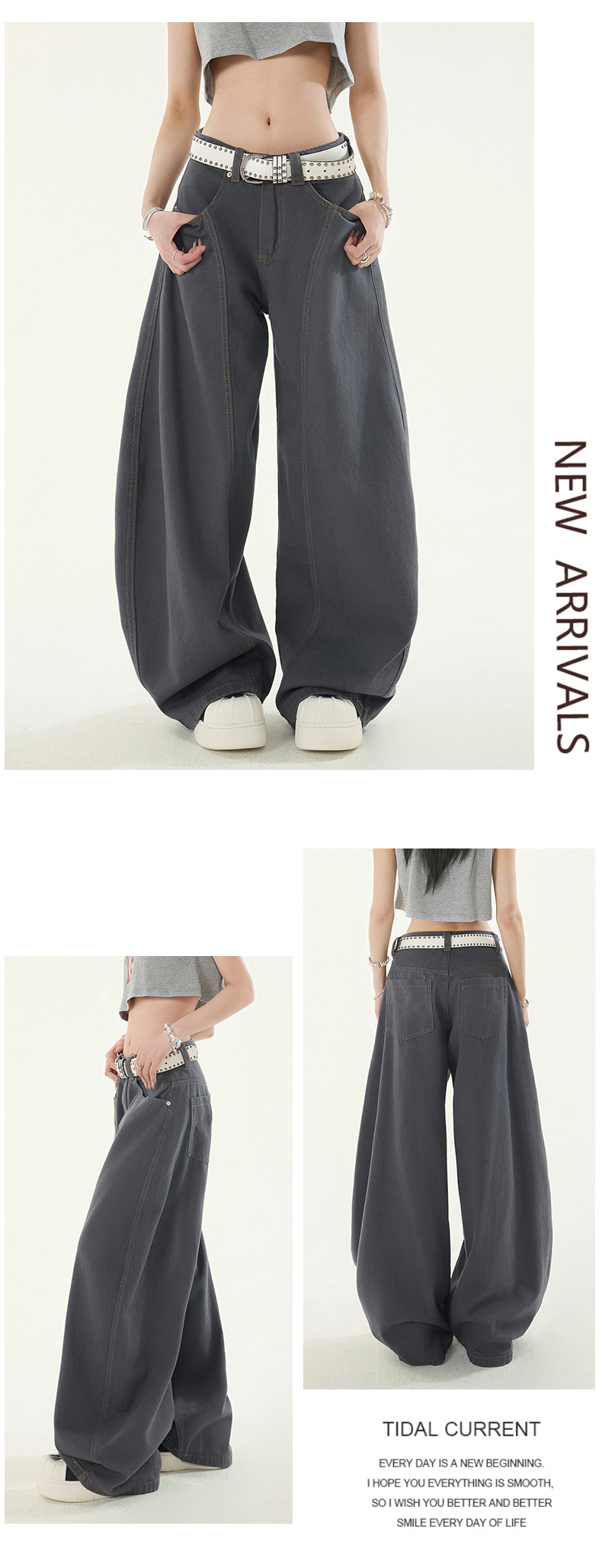 Wide-Leg Flared Denim Pants for Women Deep Gray Retro Pleated Loose Wide-Leg Casual Long Pants Summer