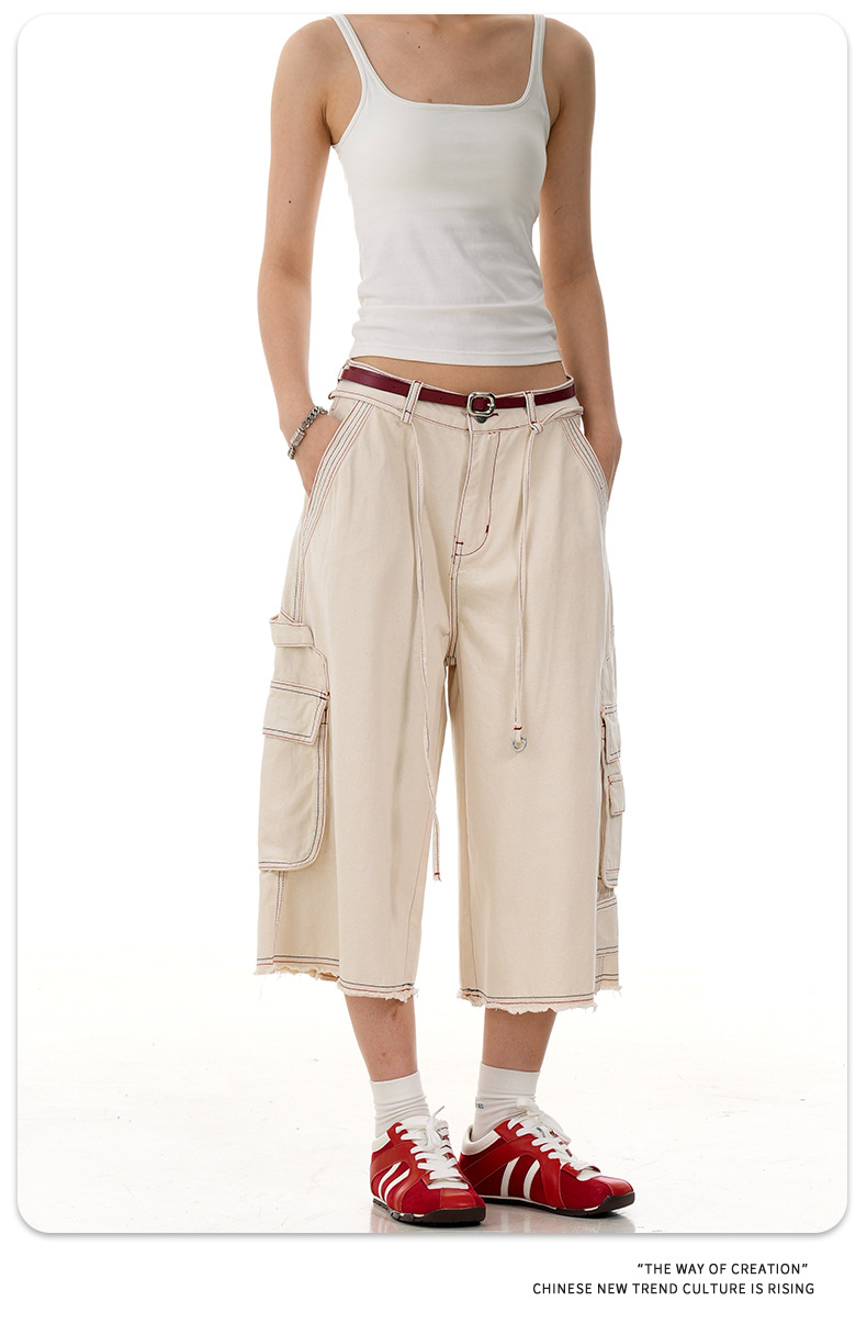 Multi-Pocket Workwear Capri Pants for Men and Women Summer Vintage Washed Loose Fit Wide Leg Casual Shorts