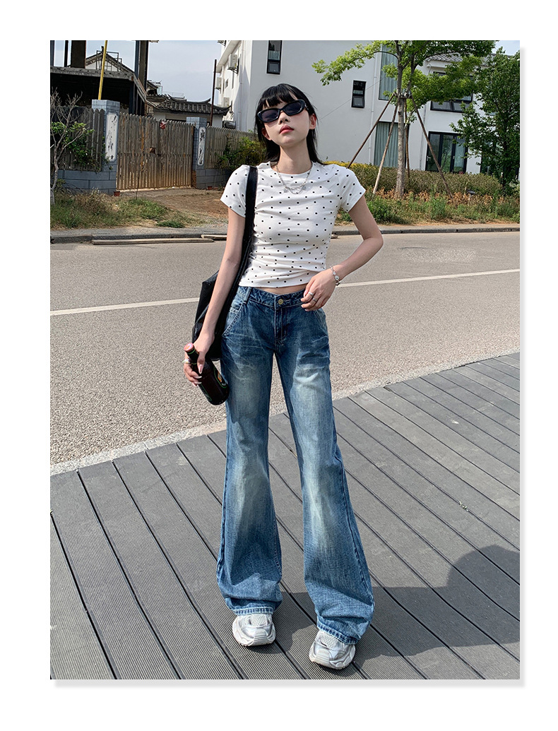 Women's Cracked Wide-Leg Jeans Summer Loose Drape Bell-Bottom Pants