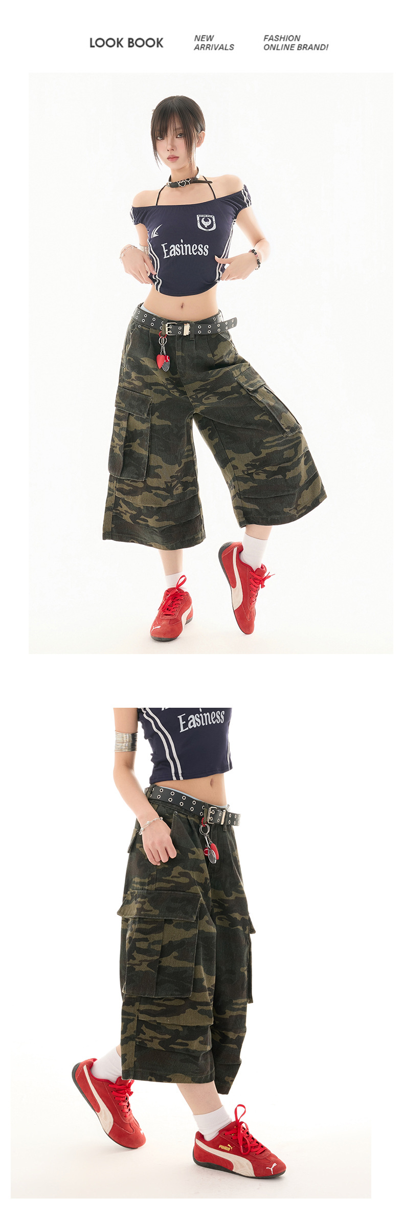 Women's Camouflage Cargo Capri Pants Slim Wide Leg Denim Trousers