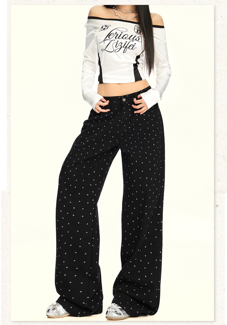 Women's Black and White Polka Dot Slimming Loose Straight Jeans High Waist Wide Leg Pants
