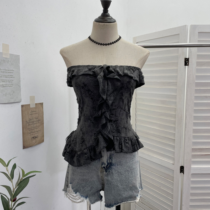 Ombre Asymmetrical Distressed Frilled Bandeau Vest