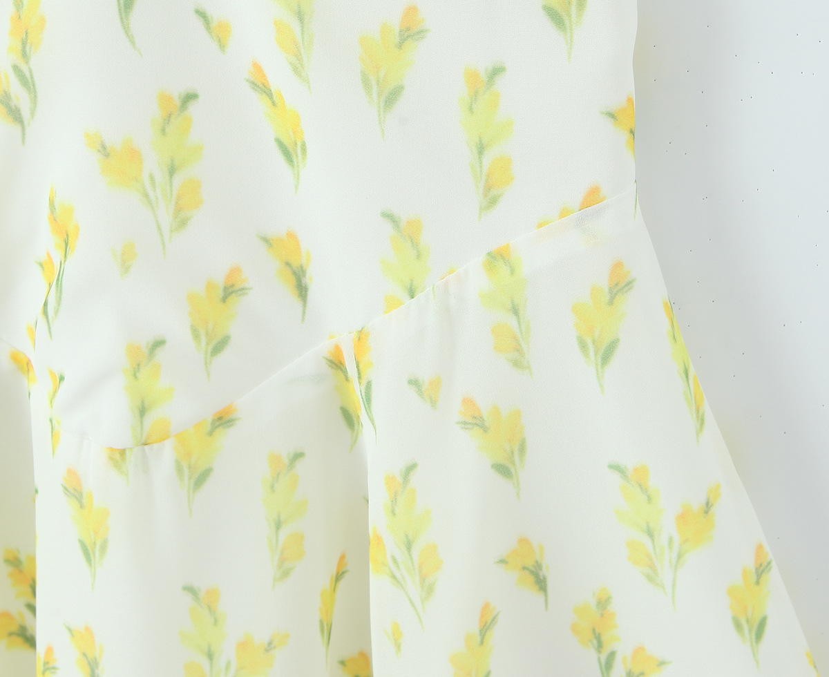 Printed deep V backless hanging neck waist dress