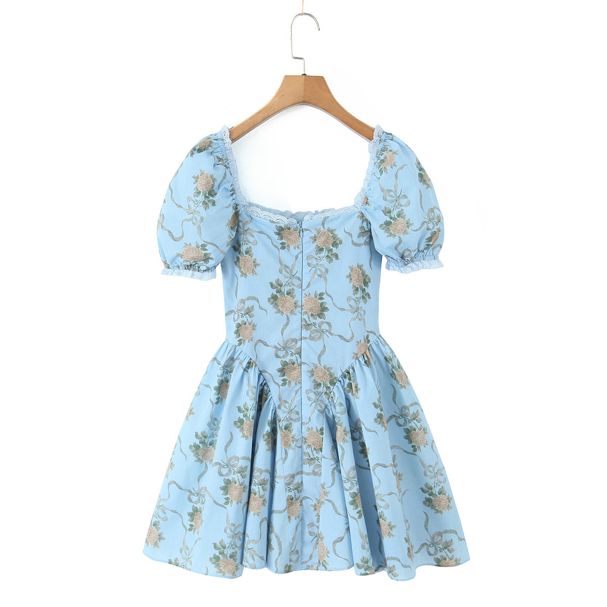 Lace square neck short dress slim fit bubble sleeve mini skirt