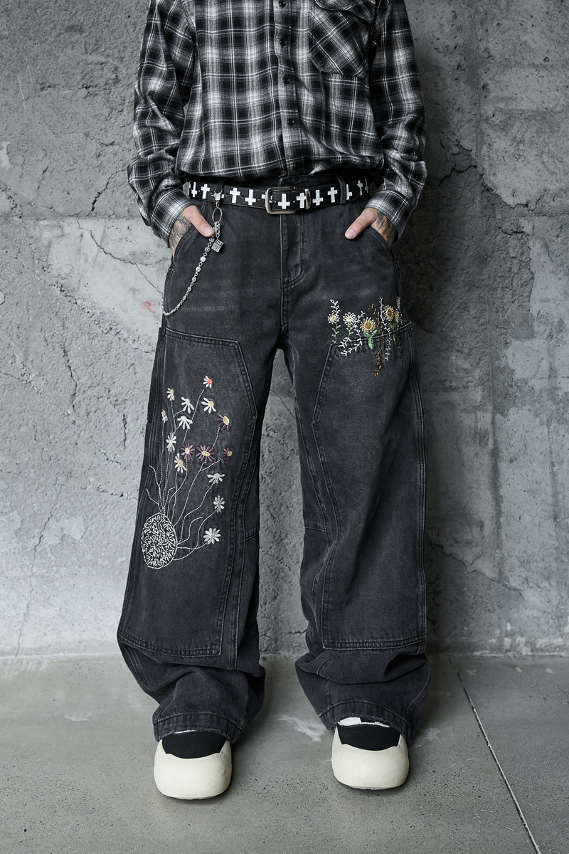 Casual Knife-Edge Pants for Men, Loose Straight-Leg Patchwork Denim Pants, Embroidered Wide-Leg Long Pants