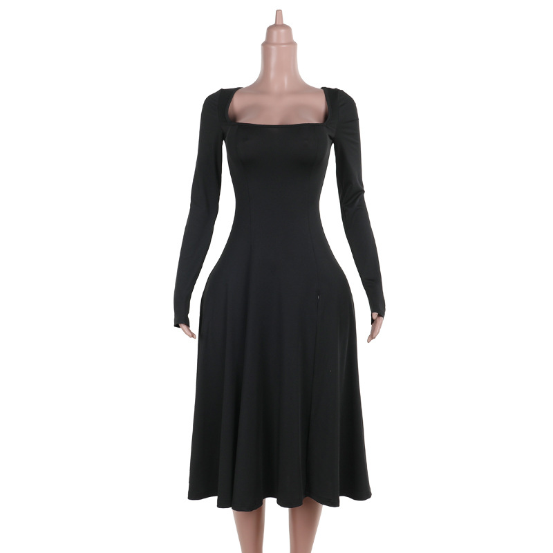 Geometric Neckline Contouring Dress Full Sleeve Side Vent
