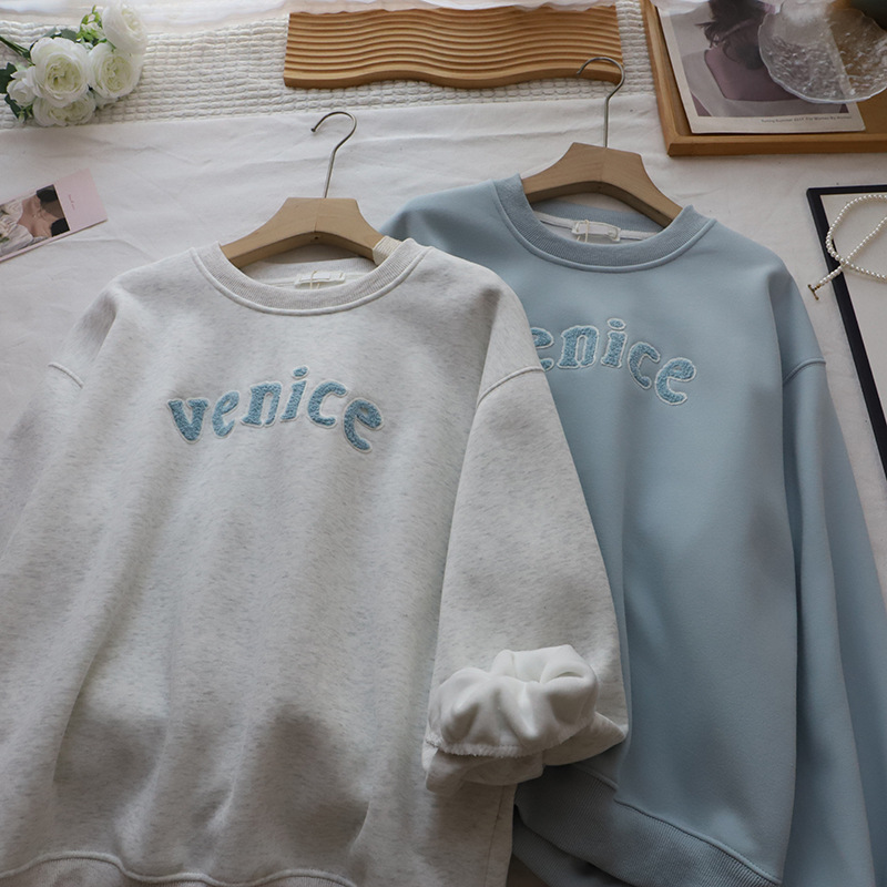 Letter Towel Embroidery Fleece Lined Thick Loose Casual Hoodie for Women
