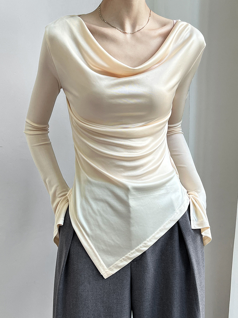 Women Slim Solid Cowl Neck Elongated Sleeve Tee