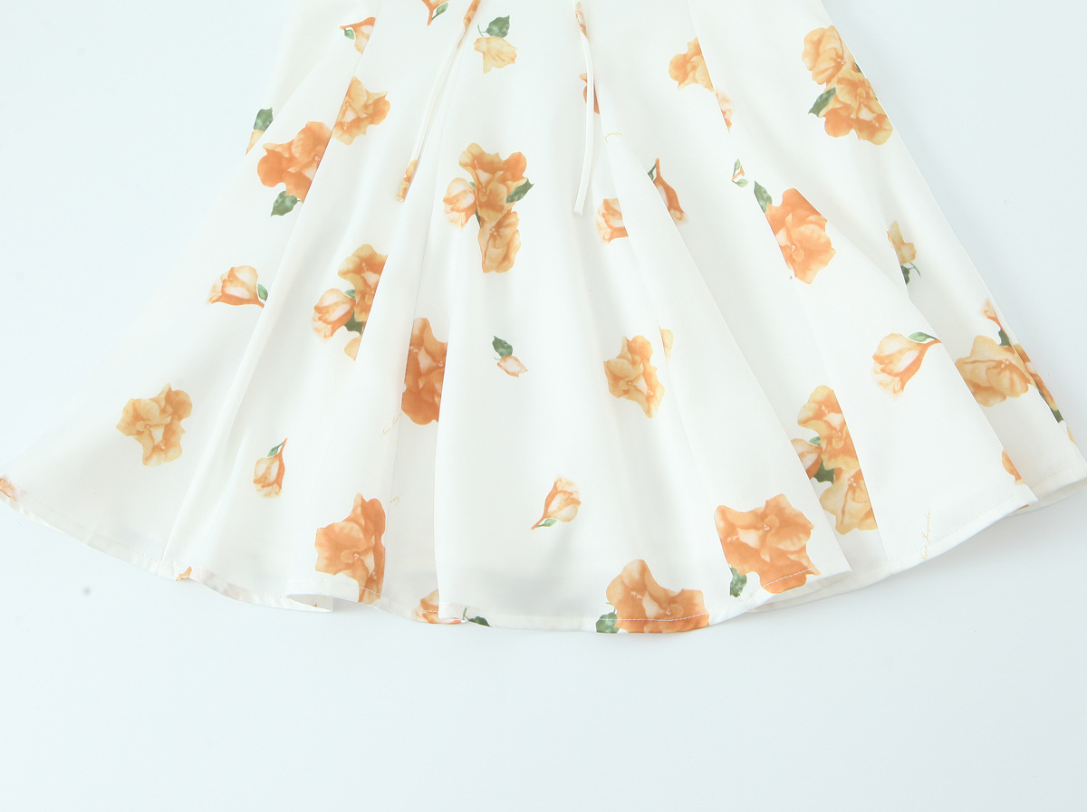 Print Waist-Cinching Lace Splicing Bubble Sleeve Dress Short Skirt