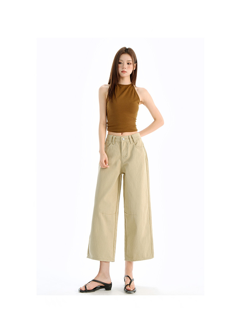 Vintage Washed Calf-Length Denim Pants for Women with Pleated Design, High-Waisted Straight-Leg Wide-Leg Trousers
