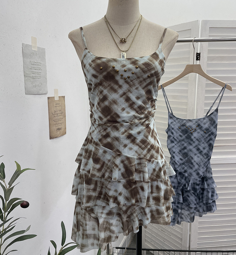 Irregular Rivet Mesh Camisole Dress with Ruffle Strap Sleeveless Top