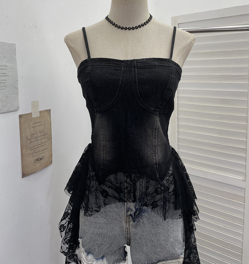 Slim Asymmetric Faded Jean Lacy Panel Fringed Bandeau