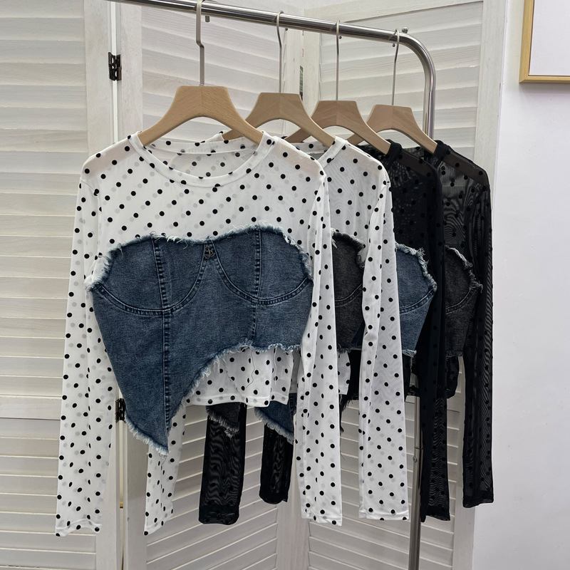 Asymmetric Distressed Jean Tailored Cropped Wrist-Length Tee