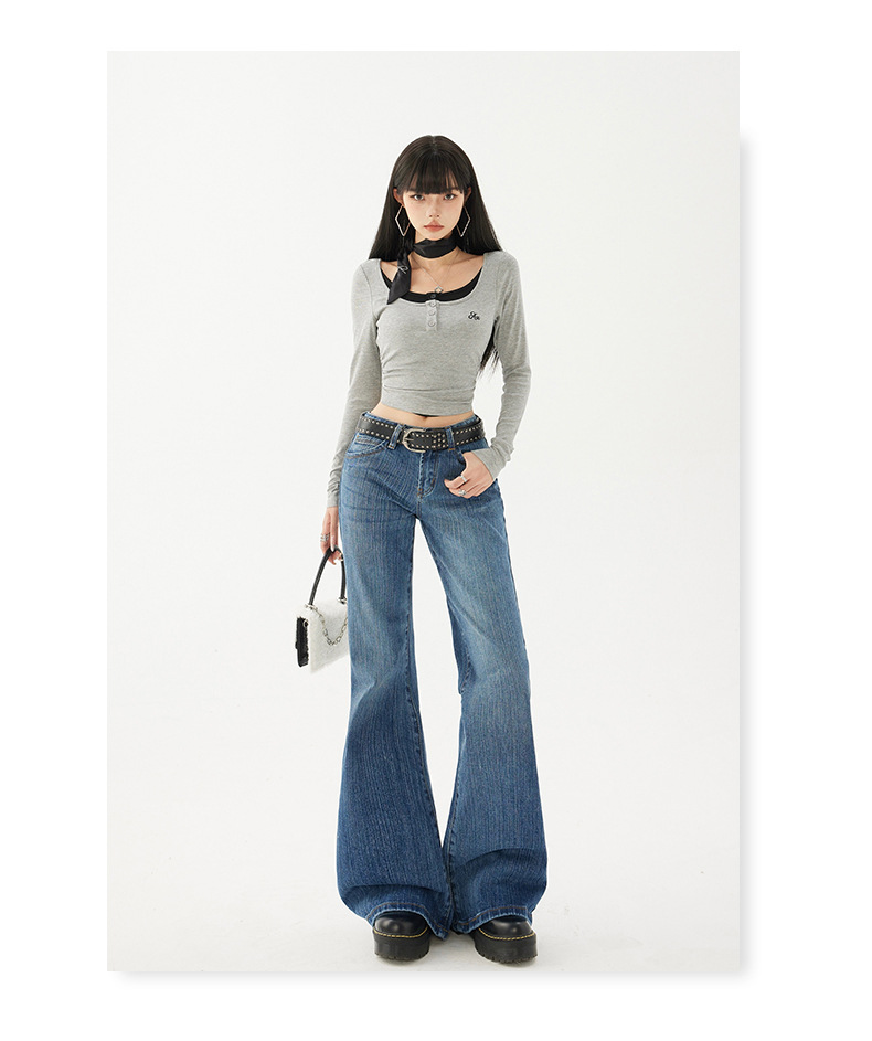Women's Pattern Low Waist Flared Jeans Non-clinging Loose Trumpet Pants