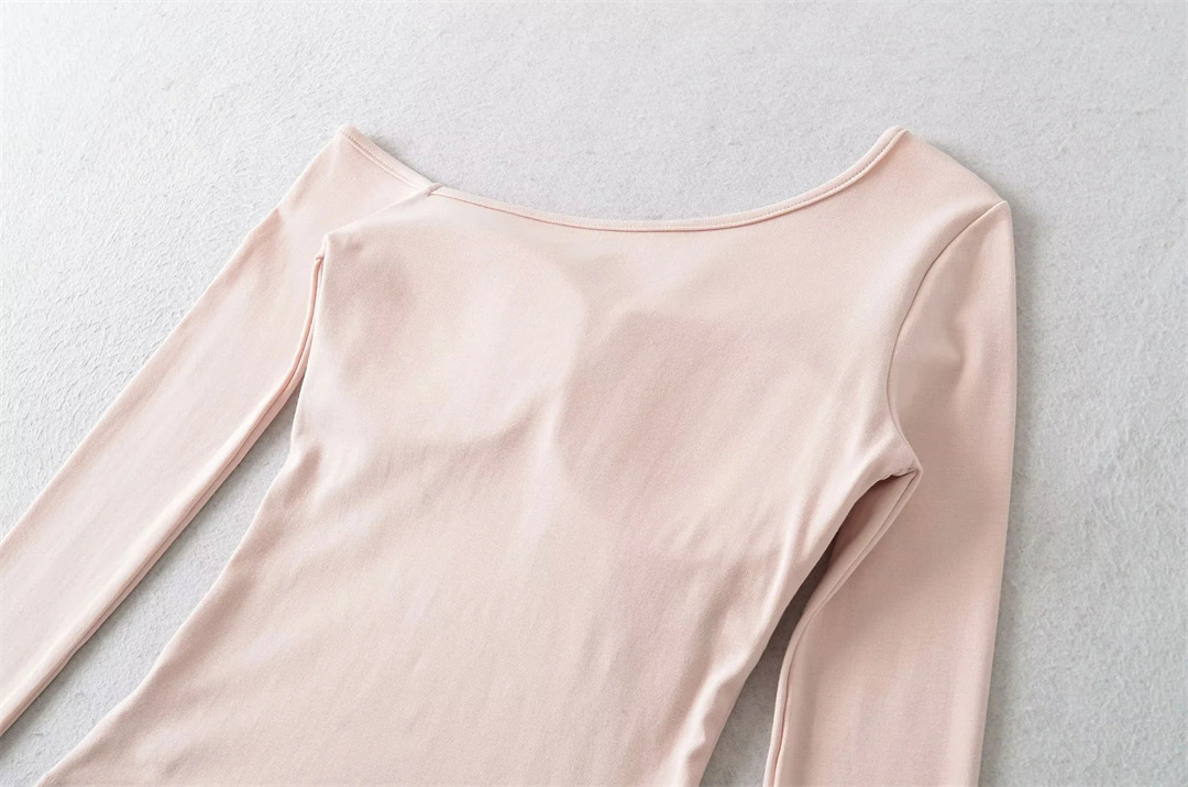 Slim Fit Wrist-Length Plain Slant-Neck Bra-Cup Blouse