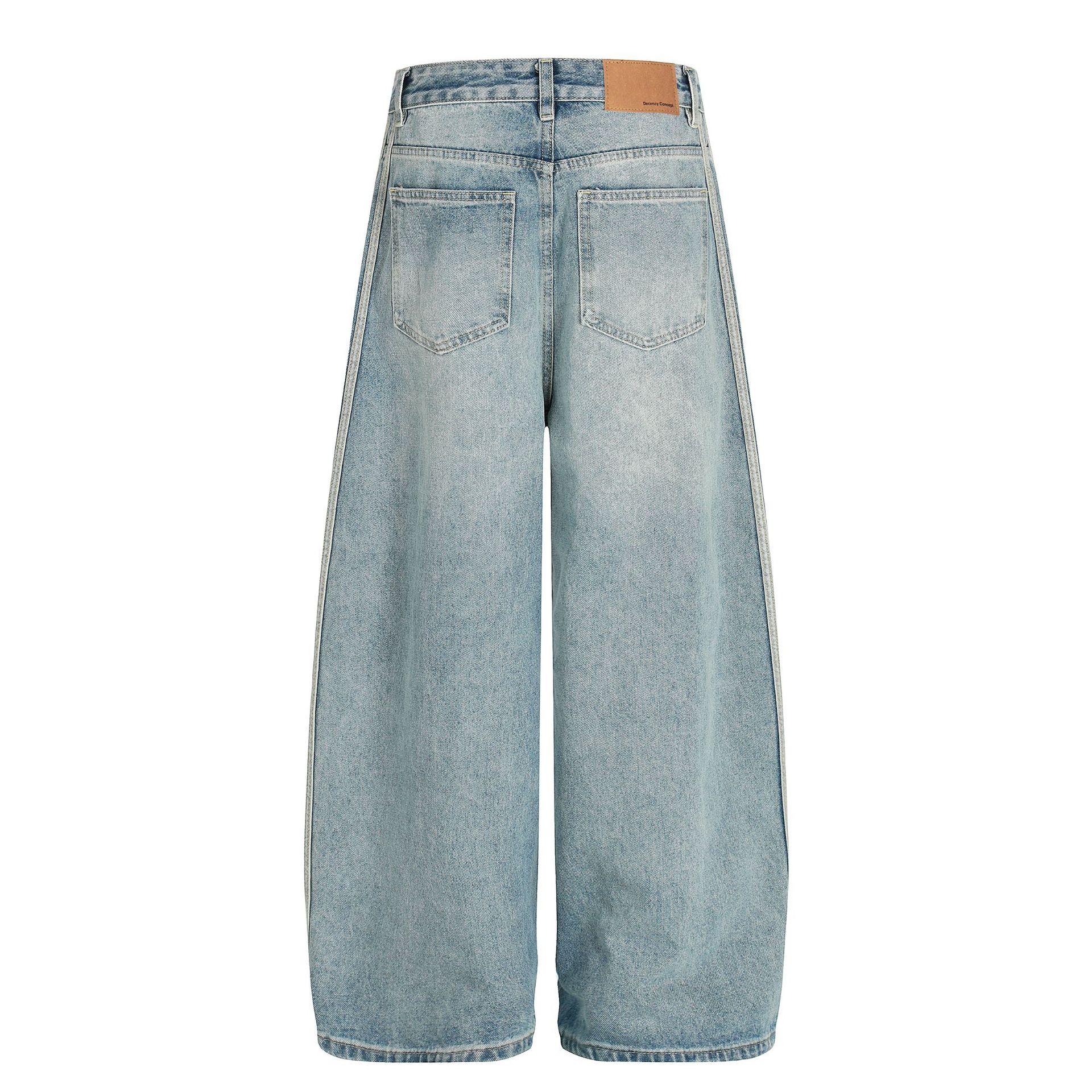 Street Style Vintage Washed Blue Side Stripe Design Unisex Loose Wide-Leg Jeans