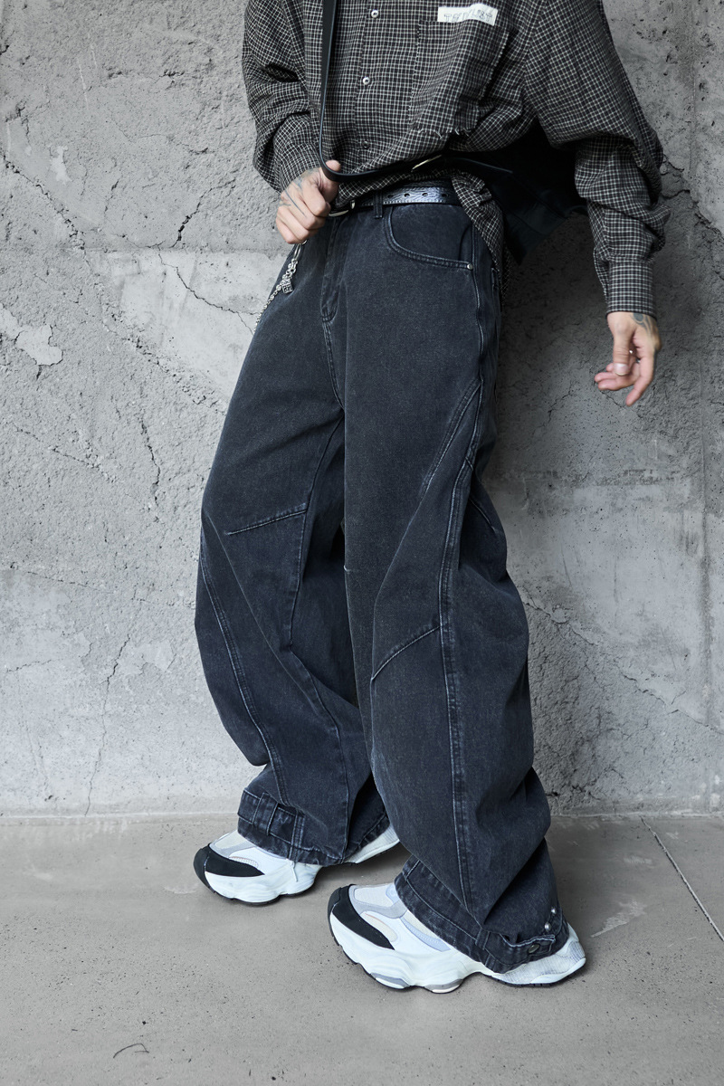 Retro Washed Deconstructed Knife-Edge Denim Pants Unisex Trendy Loose Hip-Hop Wide Leg Pants Black Scythe Style Pants