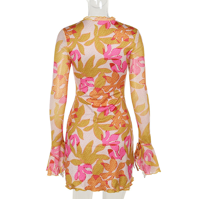 V-Neck Flared-Cuff High-Waist Belted Mini Dress