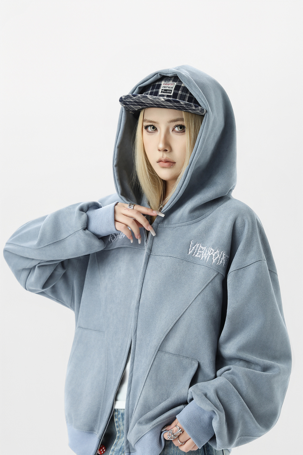 Retro Color-Block Letter Print Hooded Zip-Up Sweater