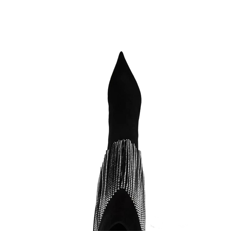 Autumn New Women's Pointed Toe Rhinestone Boots Silver Tassel Stiletto Suede Boots Black Super High Heels 34-43 Size