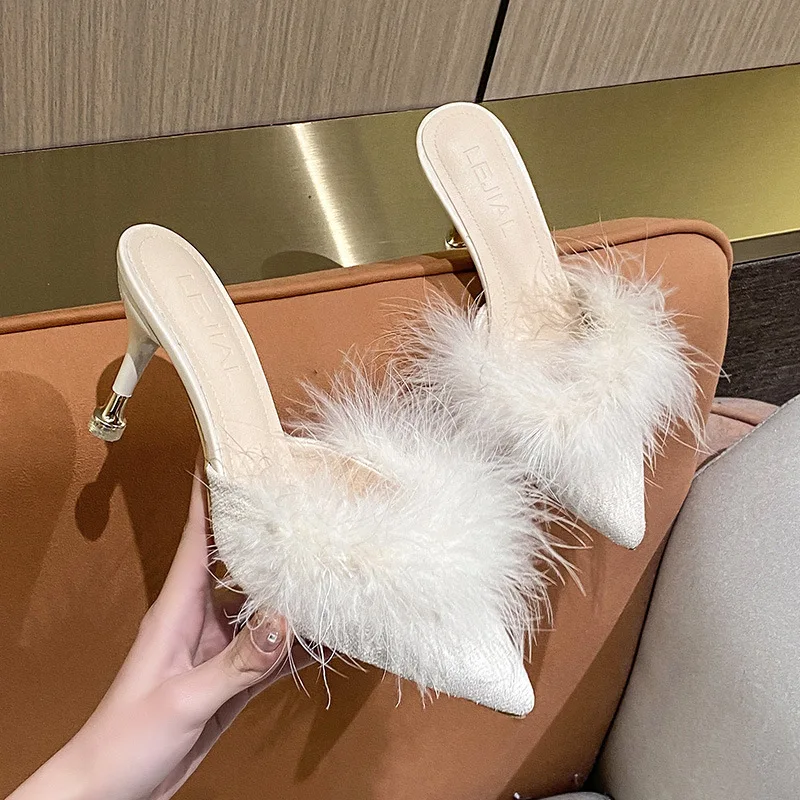 Women High Heel Shoes Fur Slippers Mules Pointed Toe Furry Slides Fashion Elegant Luxury Designer Flip Flops Office Pumps
