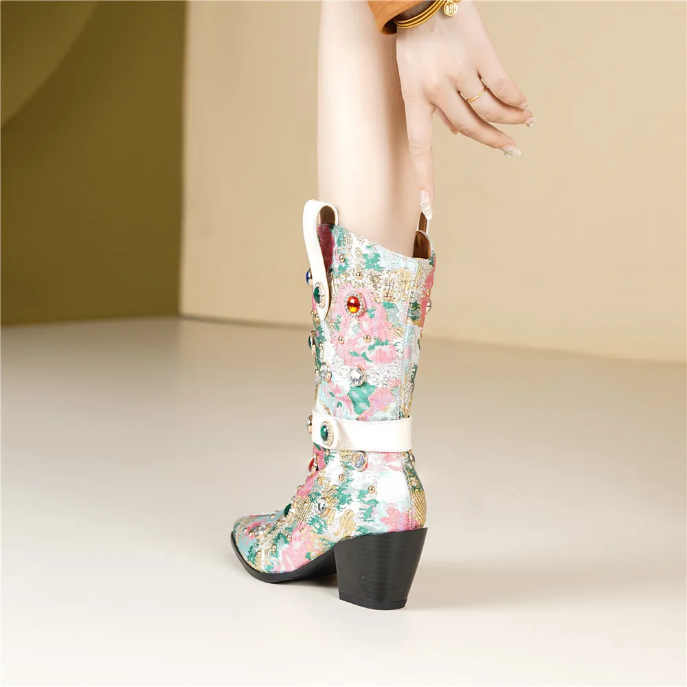 New Arrival Ethnographic Style Women Cow Leather Mid Calf Boots Pointed Toe Thick Heels Crystal