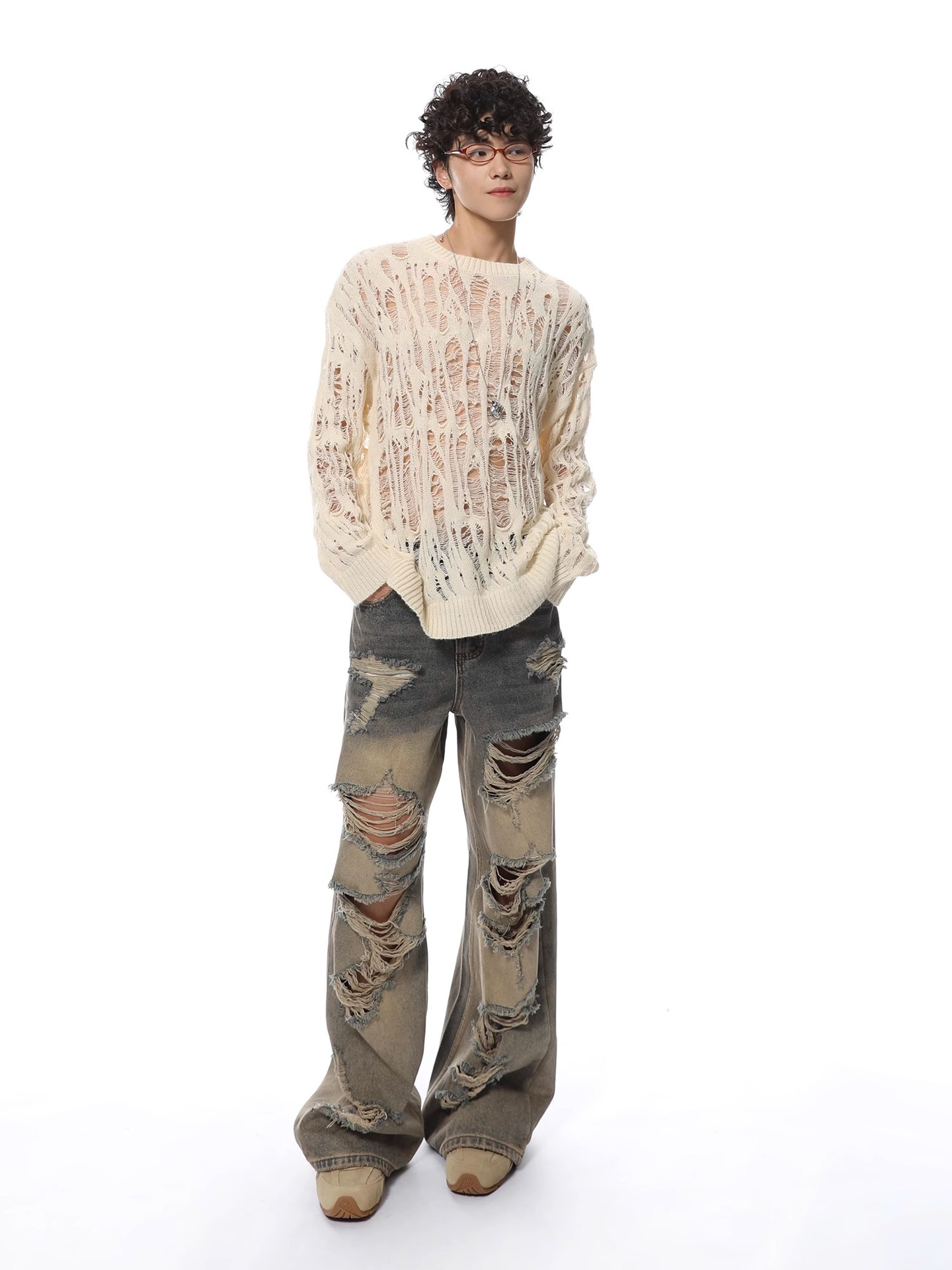 Polyester Open Mesh Crew Neck Sweater