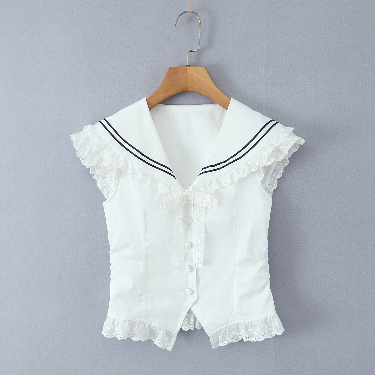 Navy Collar Lace Trim Bow Single Breasted Sleeveless Blouse