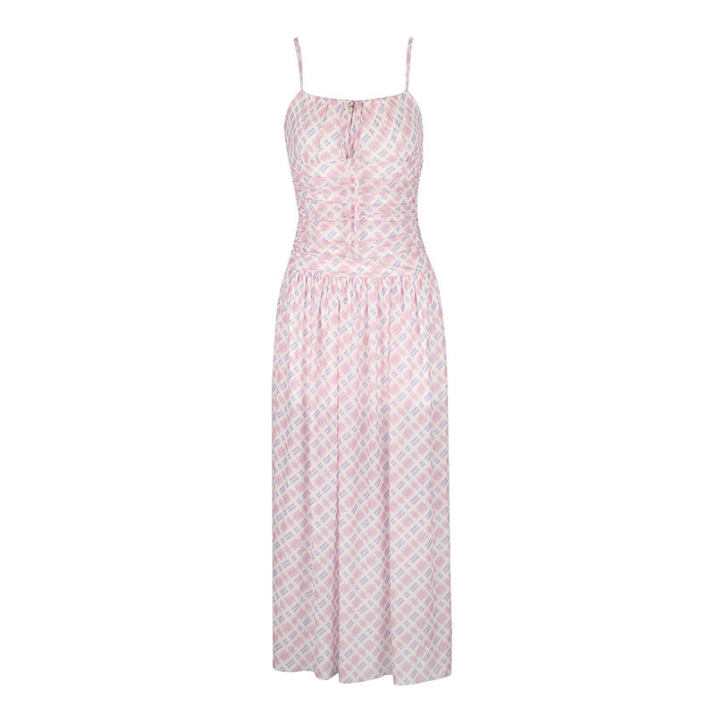 One-Shoulder Checkered Cinched Frill Polyester Dress
