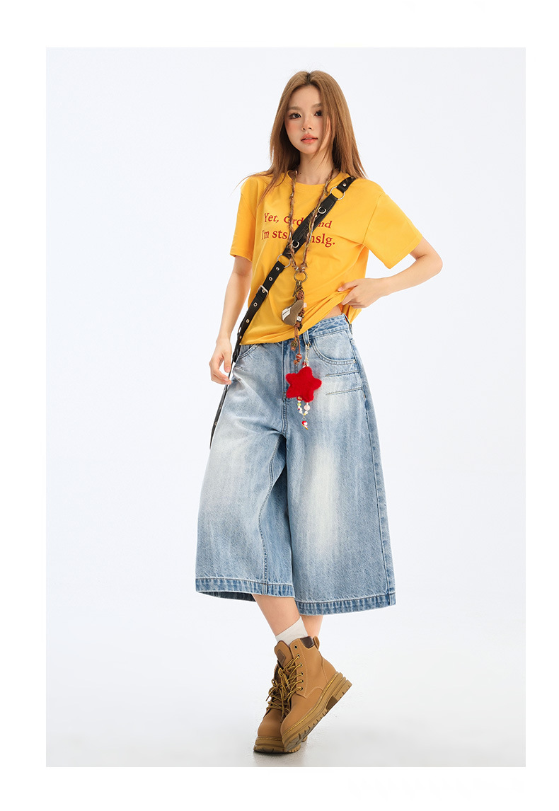 Wide-Leg Seven-Point Denim Pants for Women High-Waist Loose Fit Lazy Style Straight Leg Versatile Mid-Length Trousers