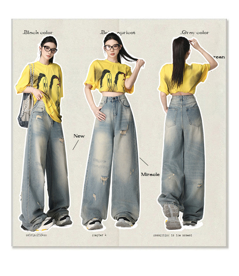 Retro Distressed Washed Ripped Jeans Women Loose High Waist Slim Wide Leg Floor-Length Pants