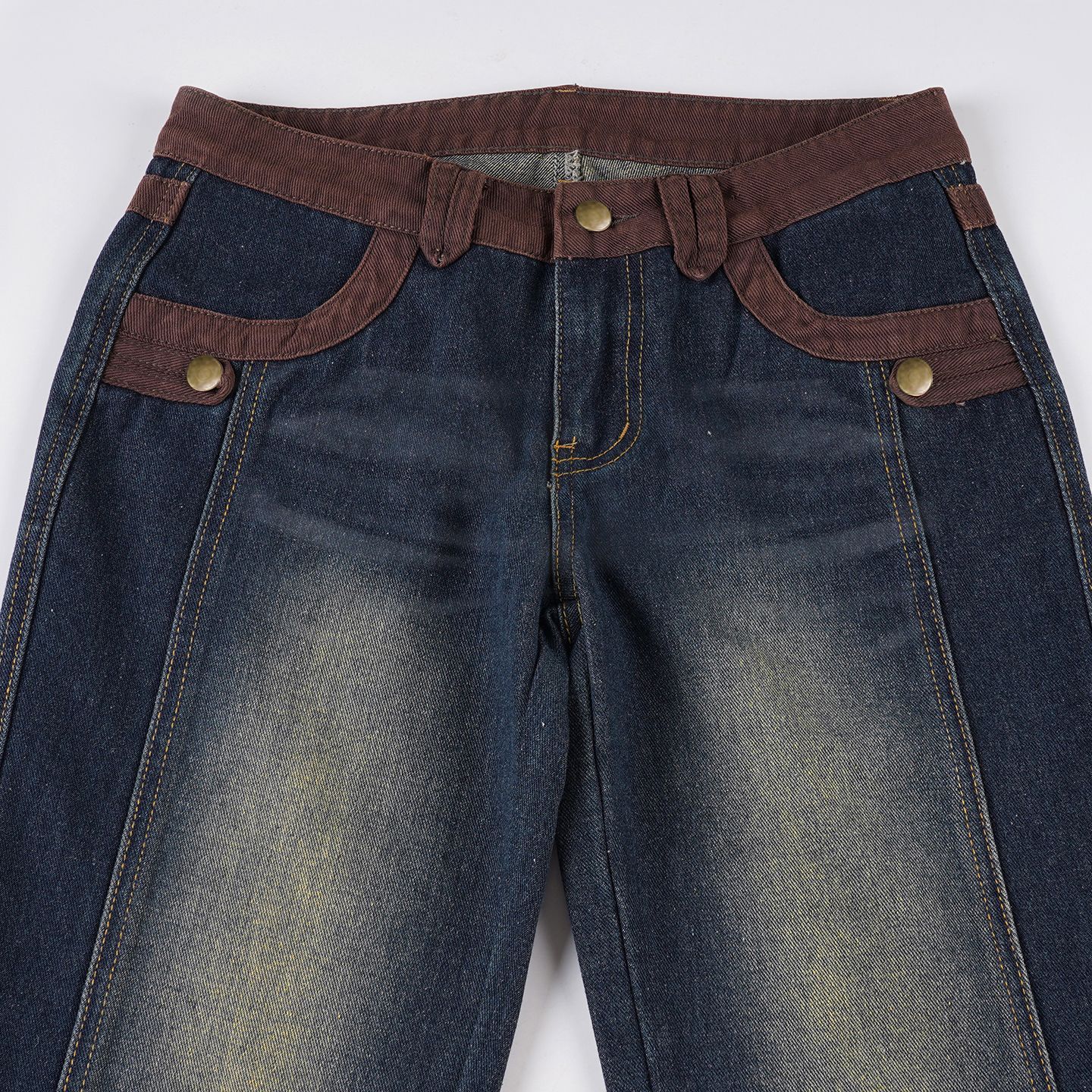 Street Motorcycle Retro Style Patchwork Color Block Flare Denim Pants Slim Fit Casual Long Trousers