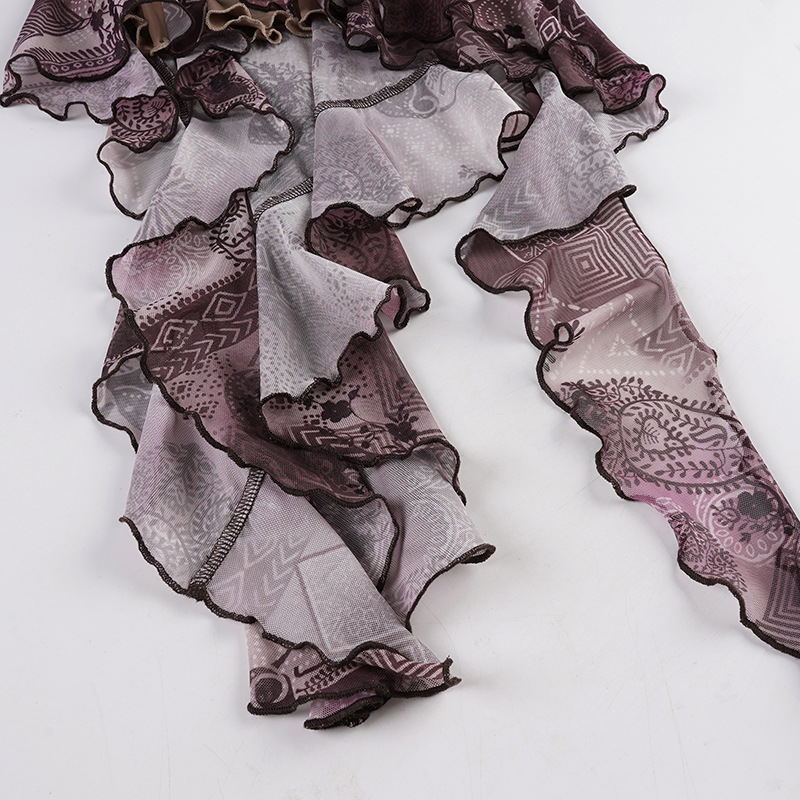 Vintage Print Irregular Hem Lace-Up Mesh Dress with Ruffle Edge and Strapless Design