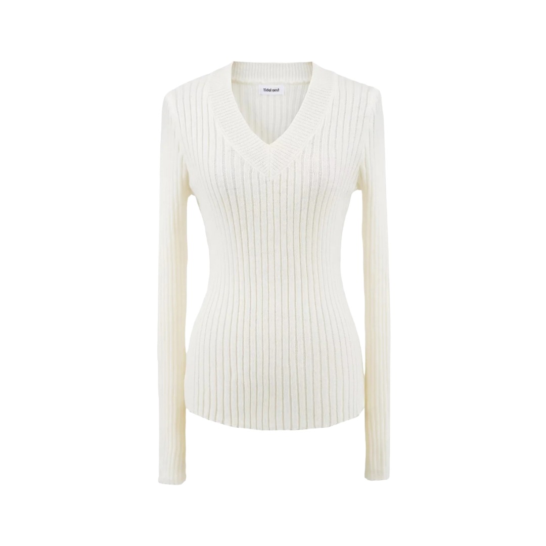 Plain Ladies Deep V Body-Hugging Knitted Sweater